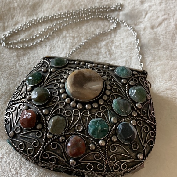 Vintage Sakai Metal Purse with Multicolor Agate Stones and Silver Chain Strap - Picture 12 of 12